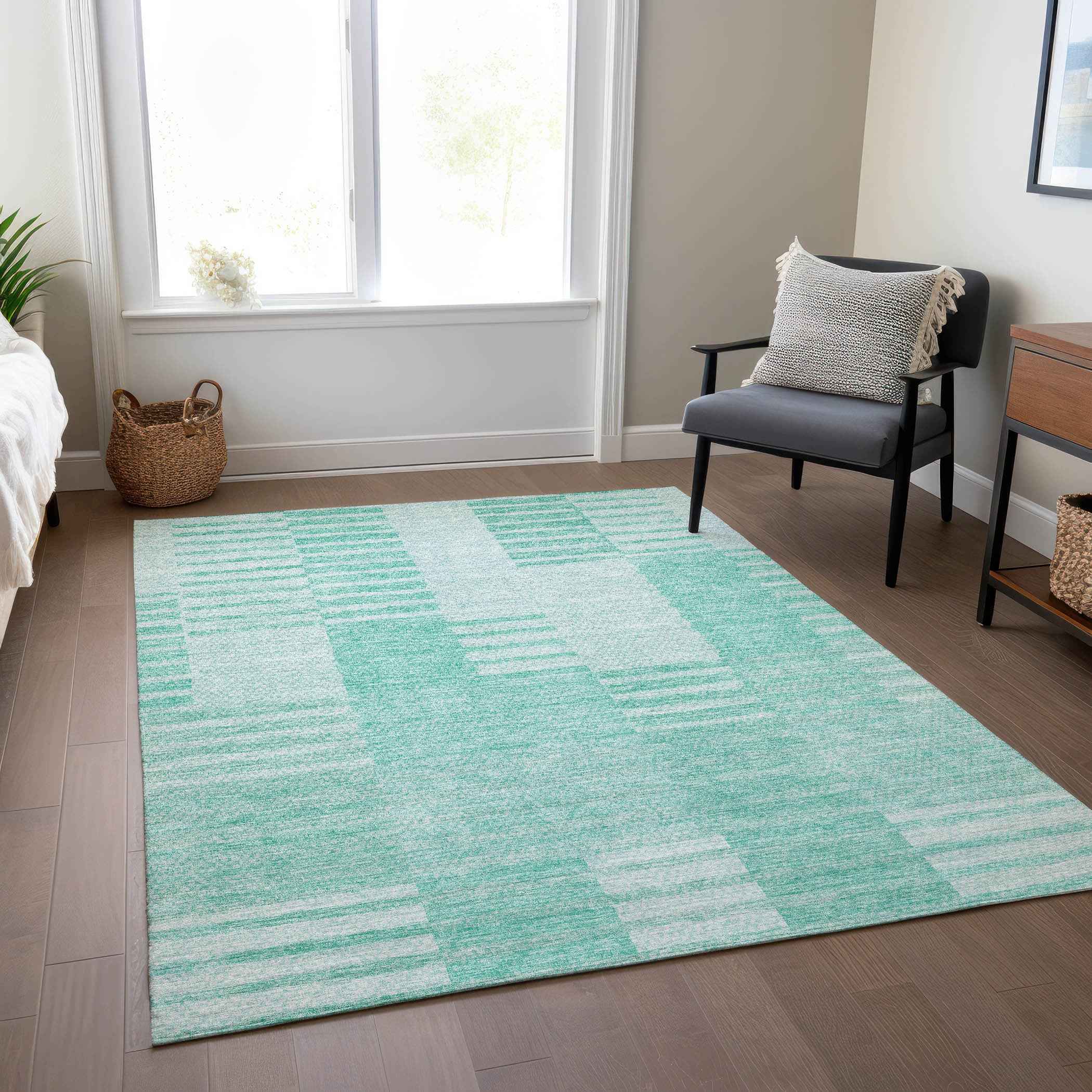 5' X 8' Teal Blue Aqua And Ivory Striped Washable Indoor Outdoor Area Rug