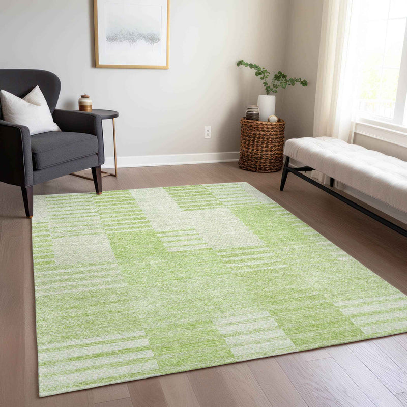 9' X 12' Artichoke Green And Mint Green Striped Washable Indoor Outdoor Area Rug