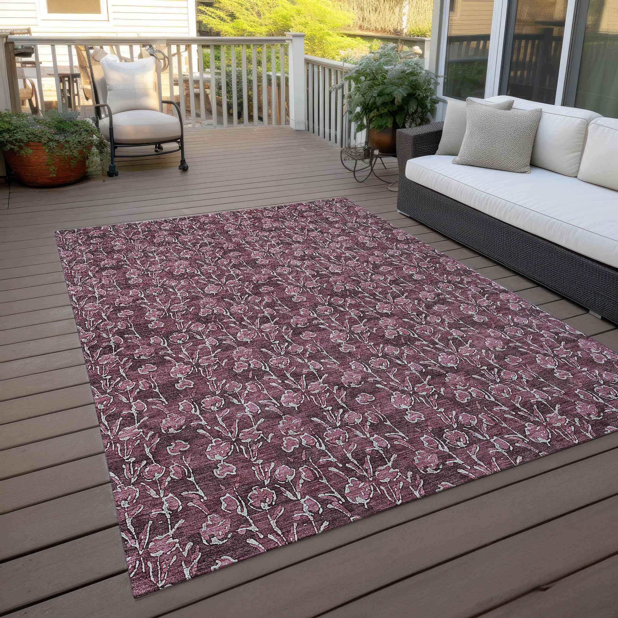 8' X 10' Merlot Mauve And Ivory Floral Washable Indoor Outdoor Area Rug