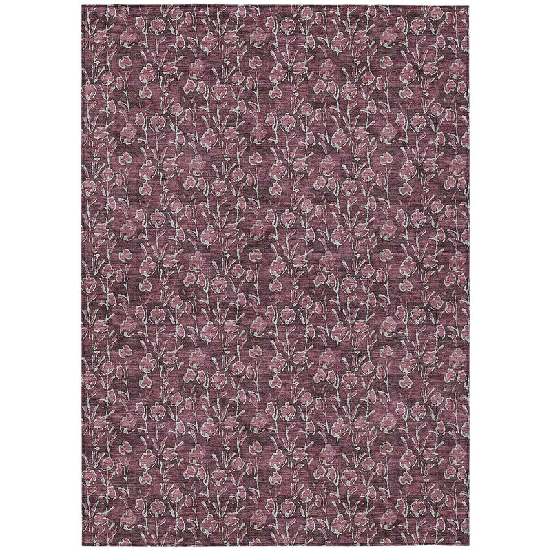 8' X 10' Merlot Mauve And Ivory Floral Washable Indoor Outdoor Area Rug