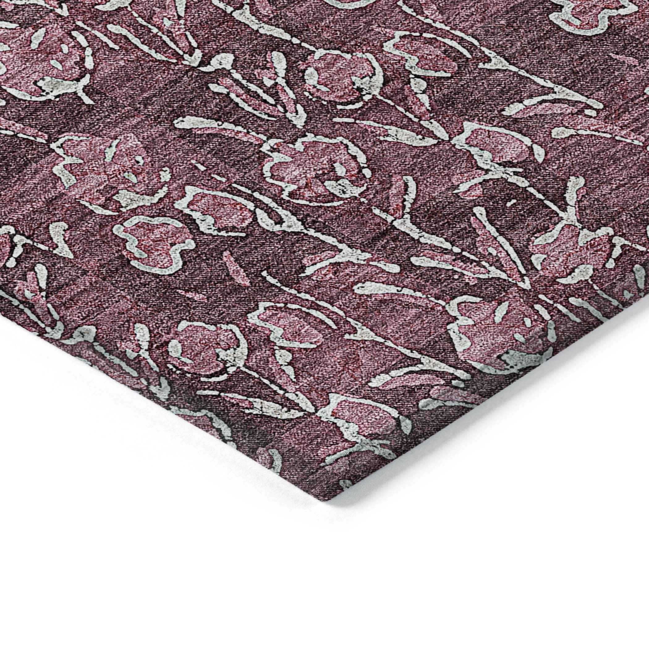 8' X 10' Merlot Mauve And Ivory Floral Washable Indoor Outdoor Area Rug