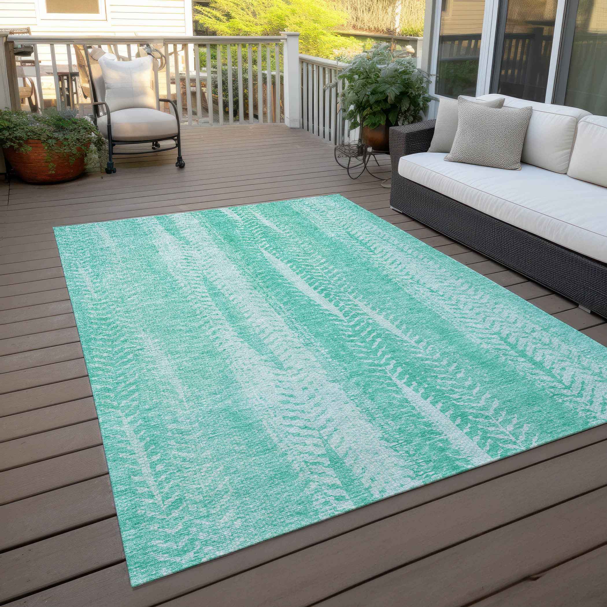 3' X 5' Aqua Teal Blue And Ivory Botanical Leaves Washable Indoor Outdoor Area Rug