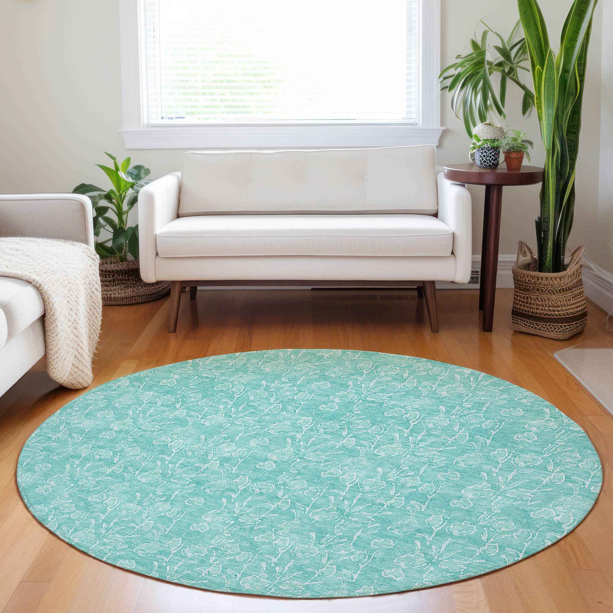 8' Teal Blue And Ivory Round Floral Washable Indoor Outdoor Area Rug