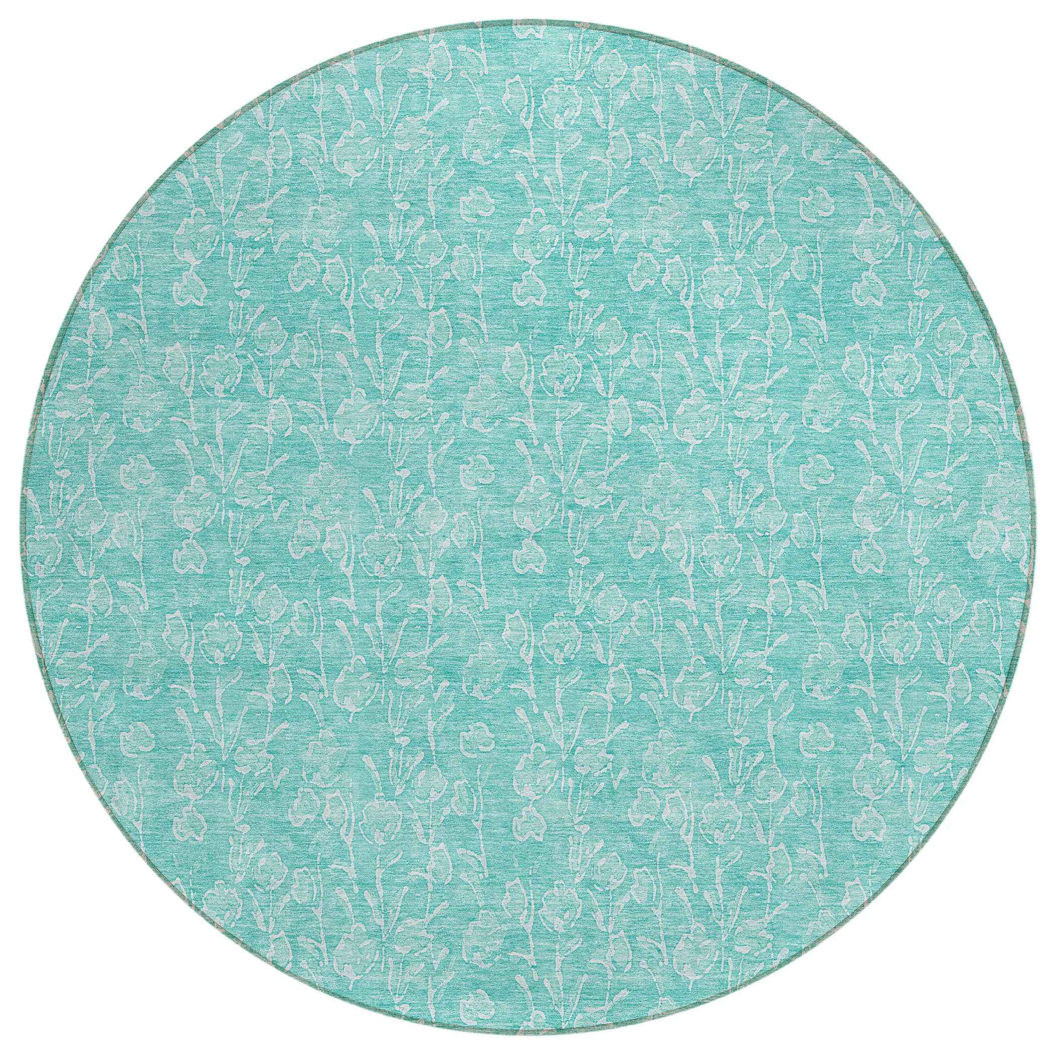8' Teal Blue And Ivory Round Floral Washable Indoor Outdoor Area Rug