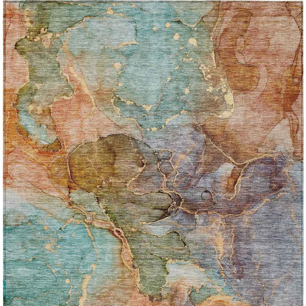 10' X 14' Copper Orange And Teal Blue Abstract Washable Indoor Outdoor Area Rug