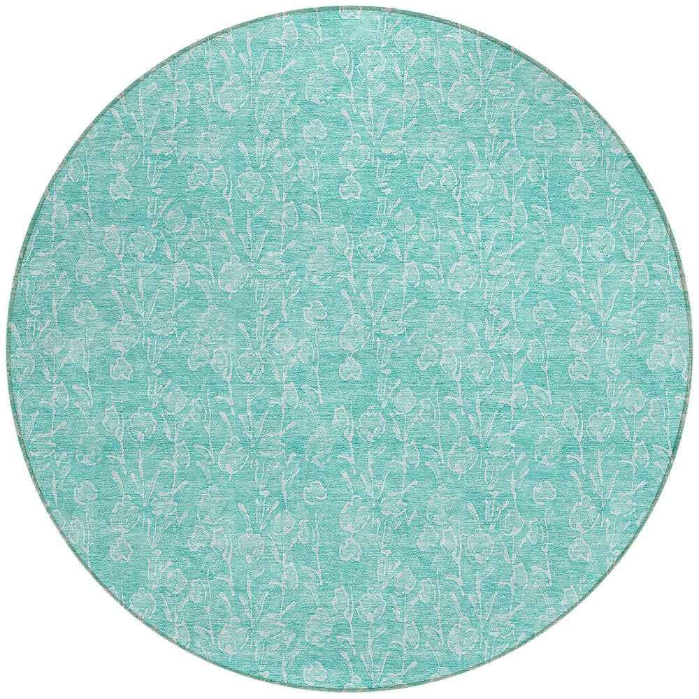 8' Teal Blue And Ivory Round Floral Washable Indoor Outdoor Area Rug