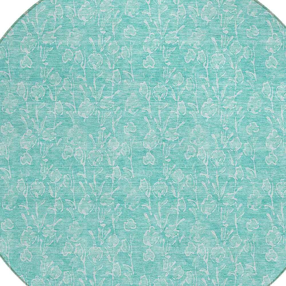 8' Teal Blue And Ivory Round Floral Washable Indoor Outdoor Area Rug