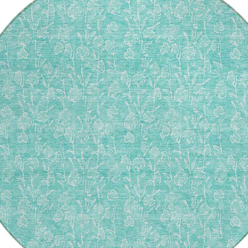 8' Teal Blue And Ivory Round Floral Washable Indoor Outdoor Area Rug