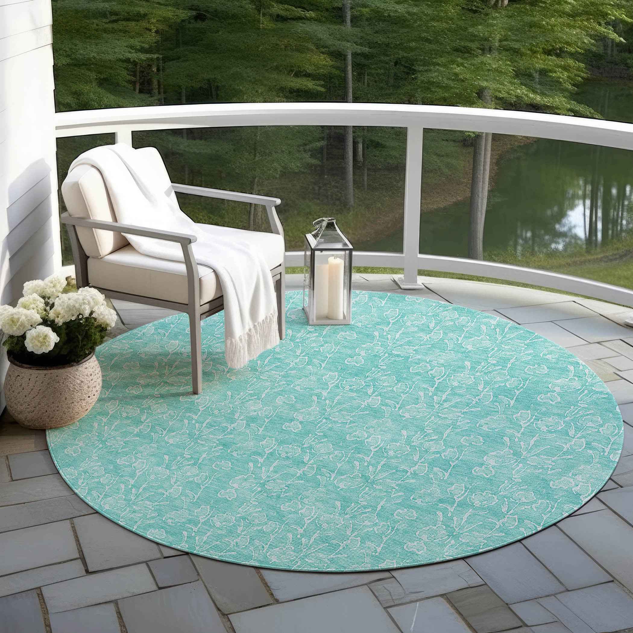 8' Teal Blue And Ivory Round Floral Washable Indoor Outdoor Area Rug