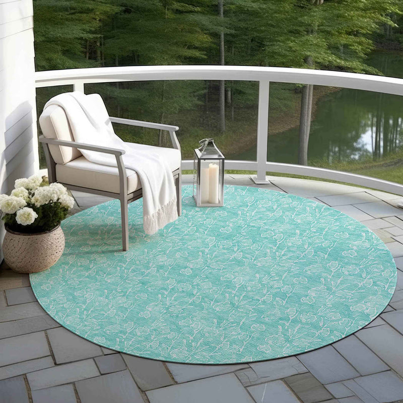 8' Teal Blue And Ivory Round Floral Washable Indoor Outdoor Area Rug