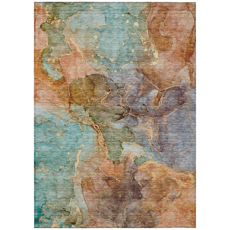 10' X 14' Copper Orange And Teal Blue Abstract Washable Indoor Outdoor Area Rug