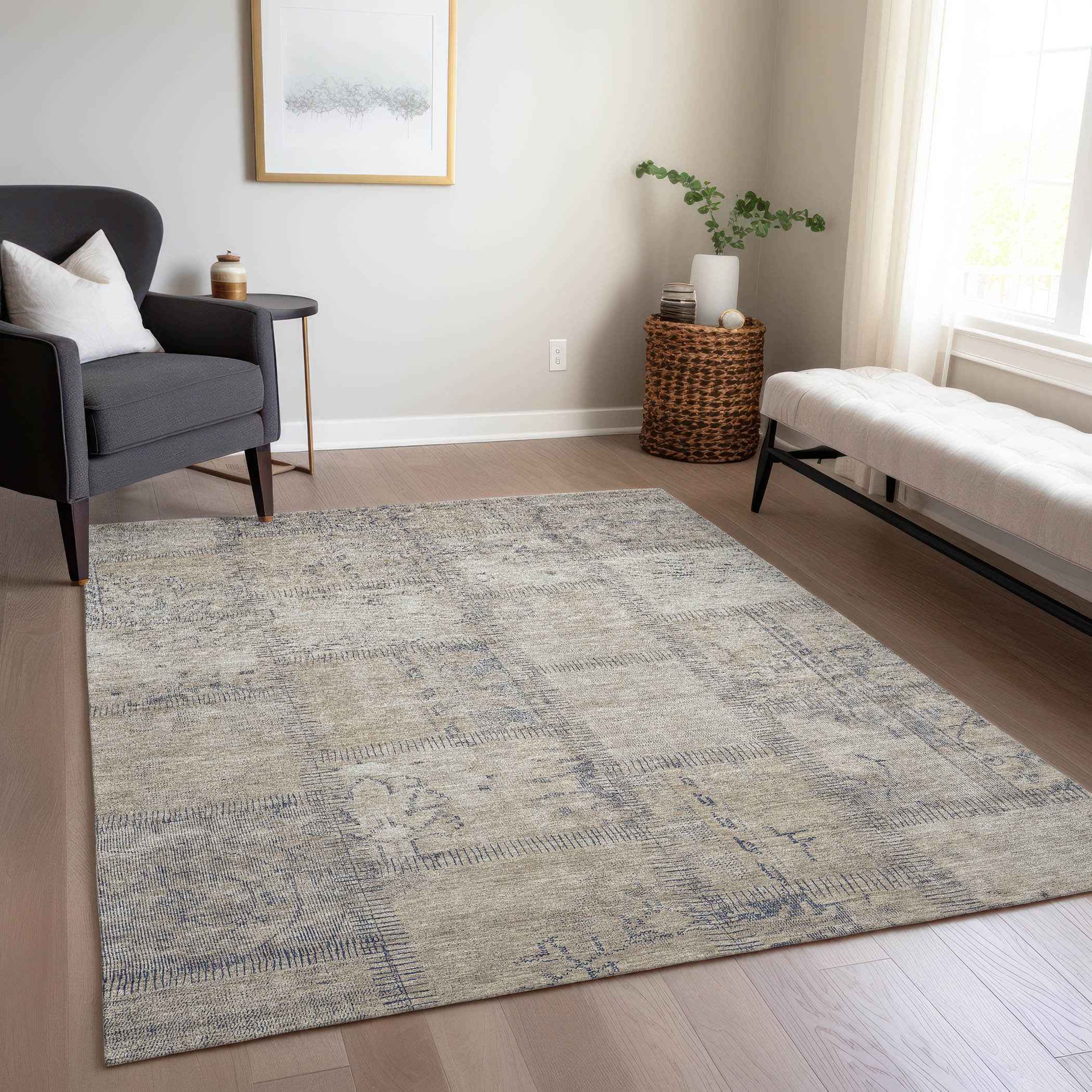 10' X 14' Beige Taupe And Brown Patchwork Washable Indoor Outdoor Area Rug