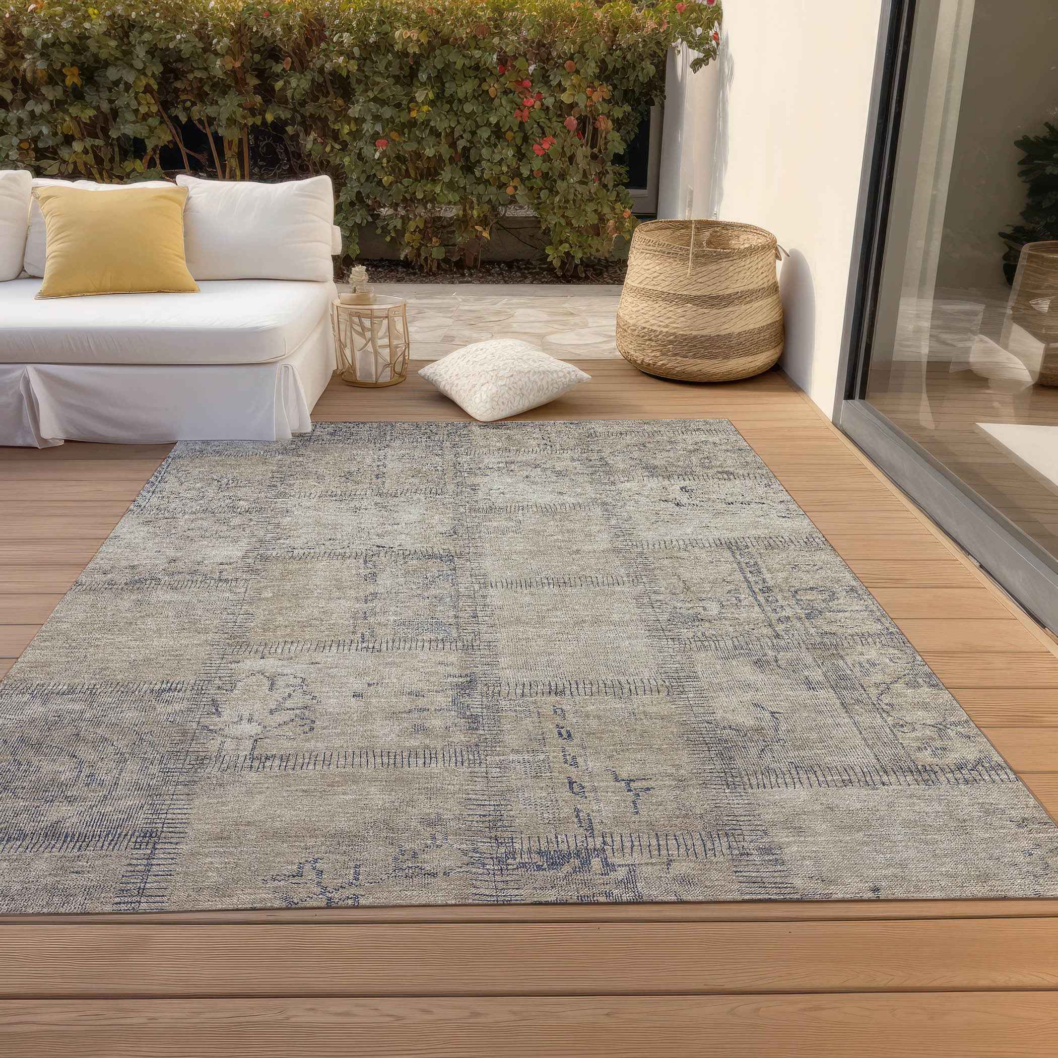 10' X 14' Beige Taupe And Brown Patchwork Washable Indoor Outdoor Area Rug