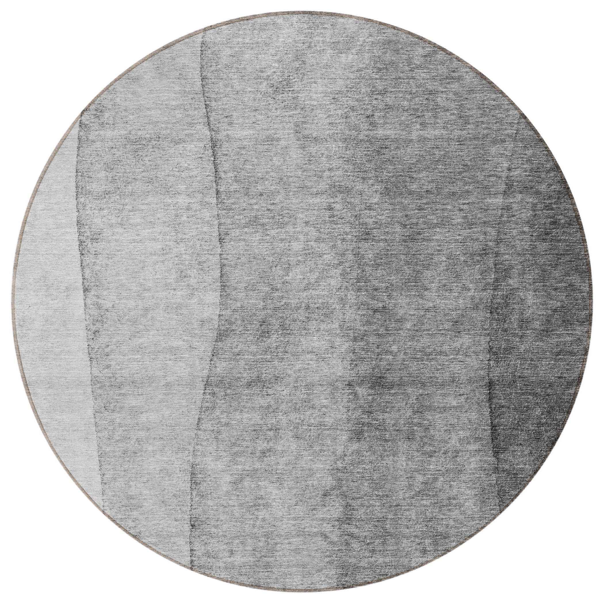 8' Gray Silver And Charcoal Round Ombre Washable Indoor Outdoor Area Rug