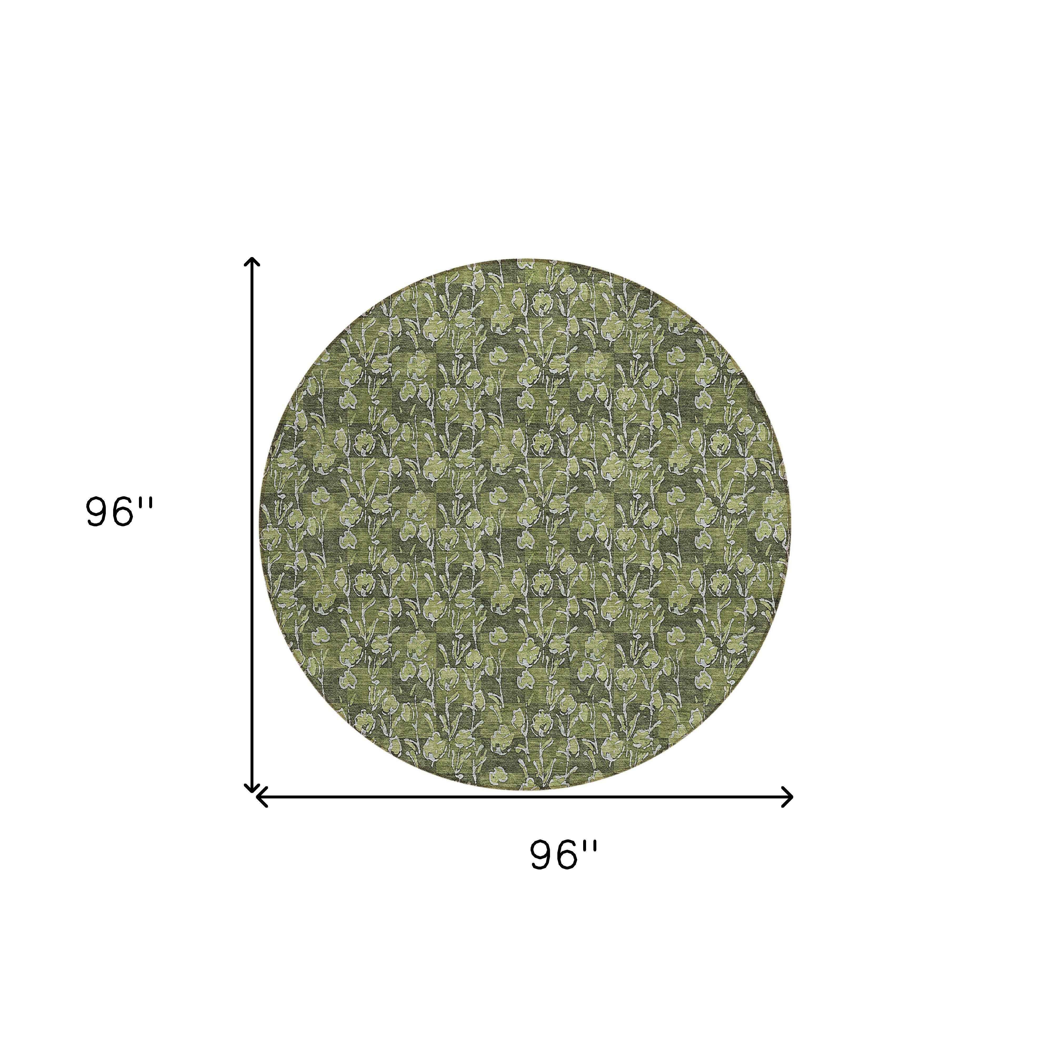 8' Olive Green Artichoke Green And Ivory Round Floral Washable Indoor Outdoor Area Rug