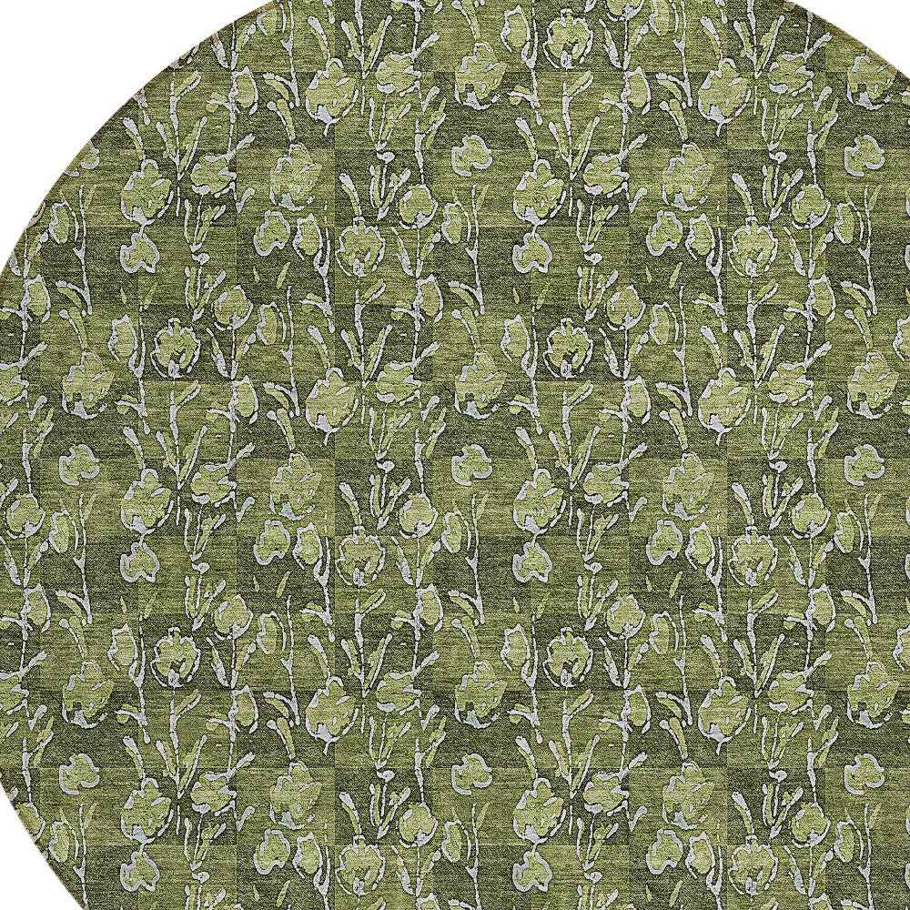 8' Olive Green Artichoke Green And Ivory Round Floral Washable Indoor Outdoor Area Rug