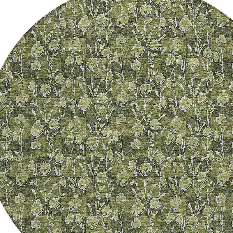 8' Olive Green Artichoke Green And Ivory Round Floral Washable Indoor Outdoor Area Rug