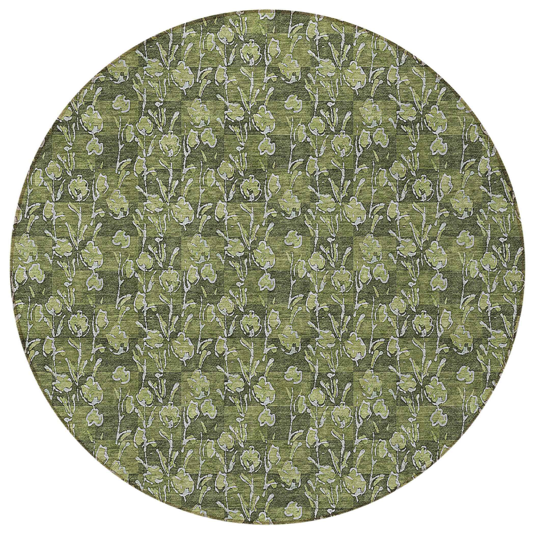 8' Olive Green Artichoke Green And Ivory Round Floral Washable Indoor Outdoor Area Rug