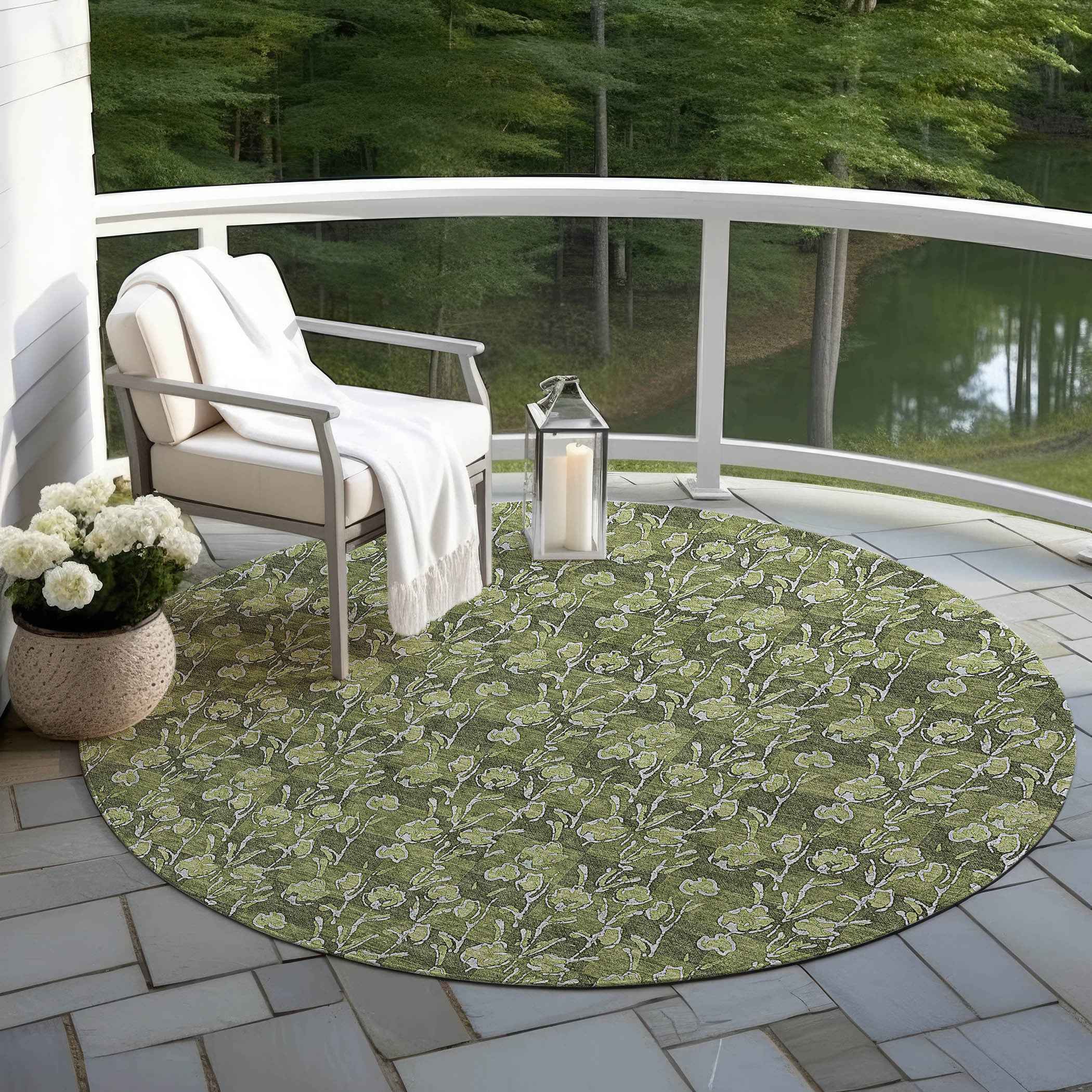 8' Olive Green Artichoke Green And Ivory Round Floral Washable Indoor Outdoor Area Rug