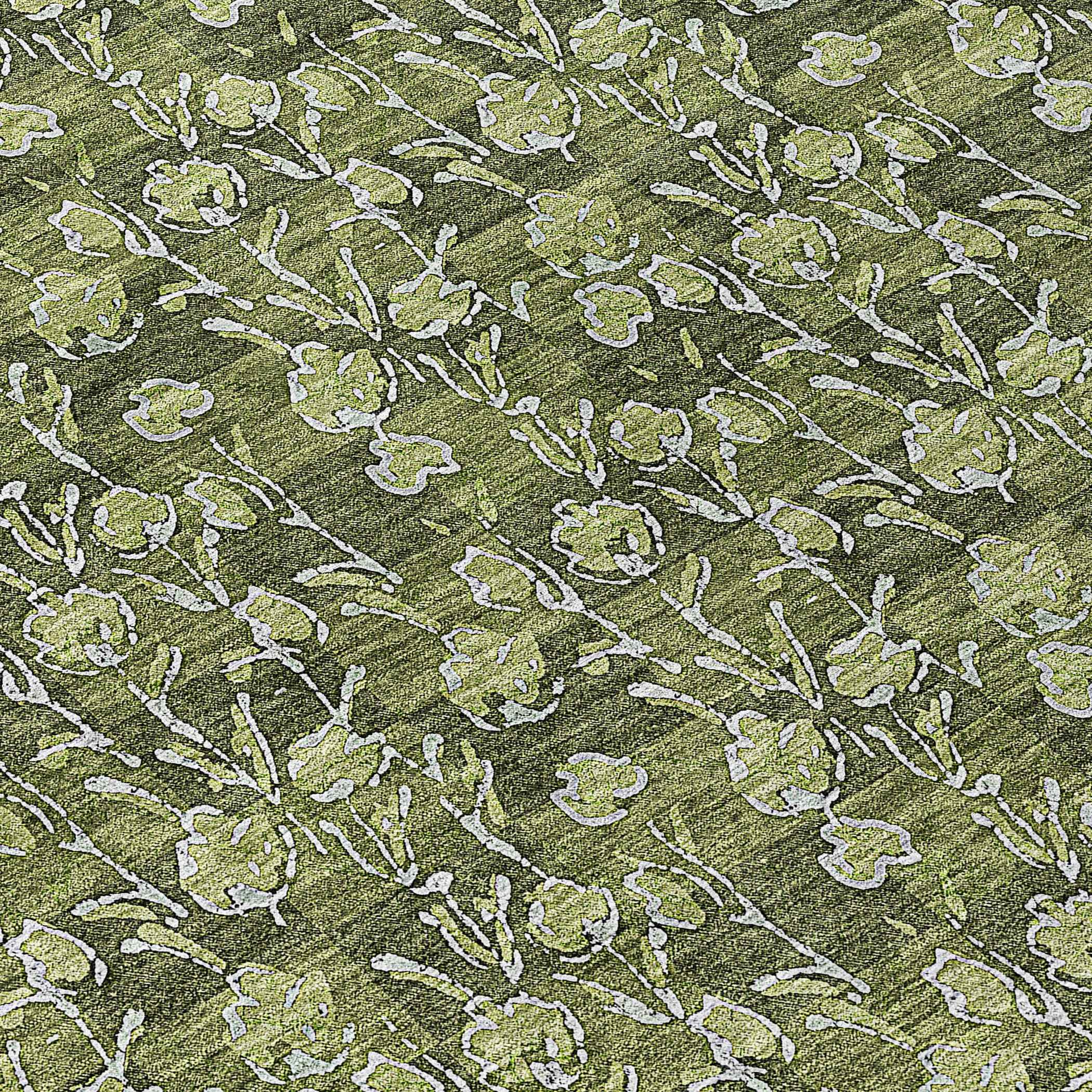 8' Olive Green Artichoke Green And Ivory Round Floral Washable Indoor Outdoor Area Rug