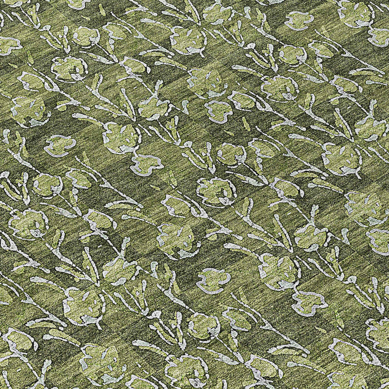 8' Olive Green Artichoke Green And Ivory Round Floral Washable Indoor Outdoor Area Rug