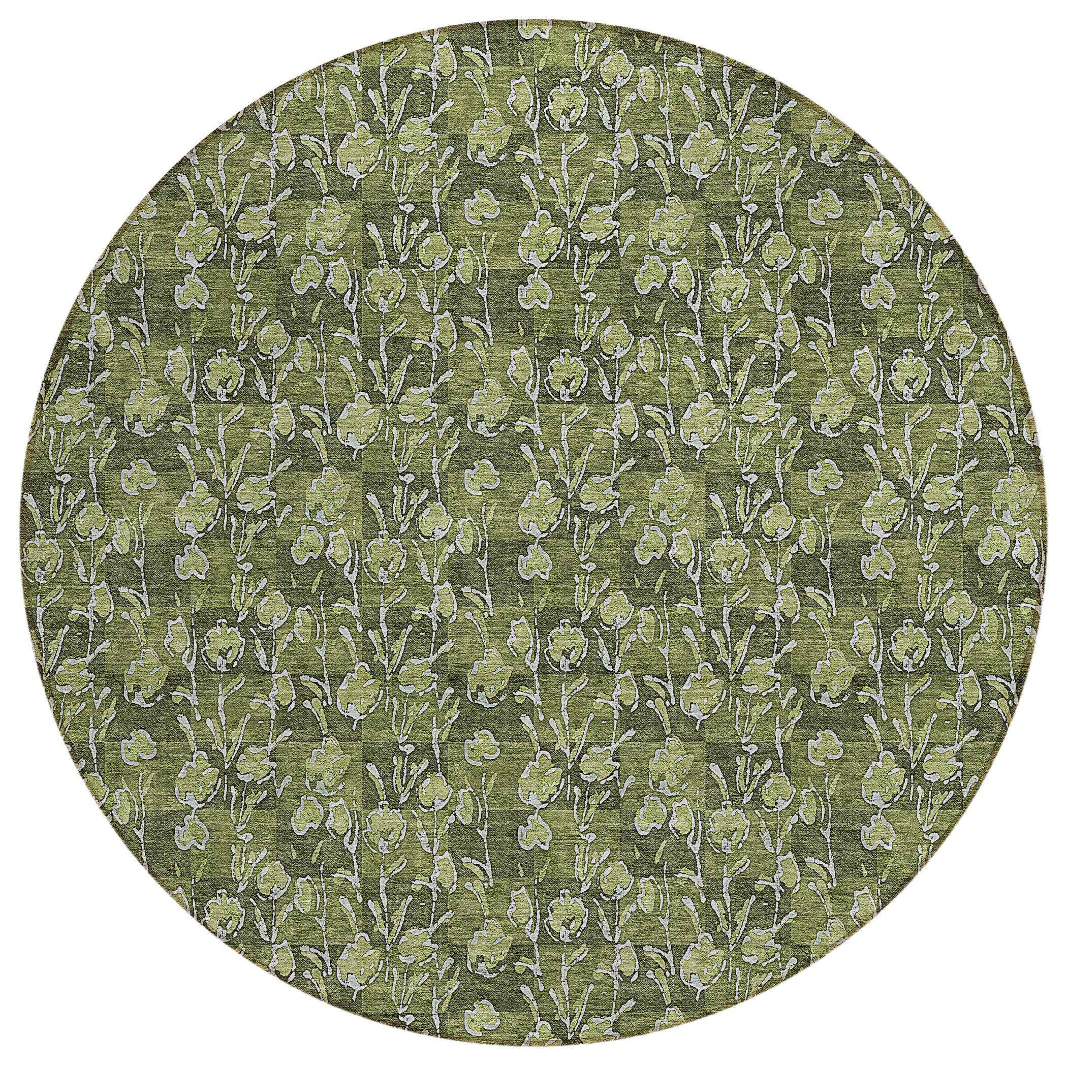 8' Olive Green Artichoke Green And Ivory Round Floral Washable Indoor Outdoor Area Rug