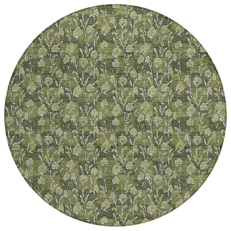 8' Olive Green Artichoke Green And Ivory Round Floral Washable Indoor Outdoor Area Rug
