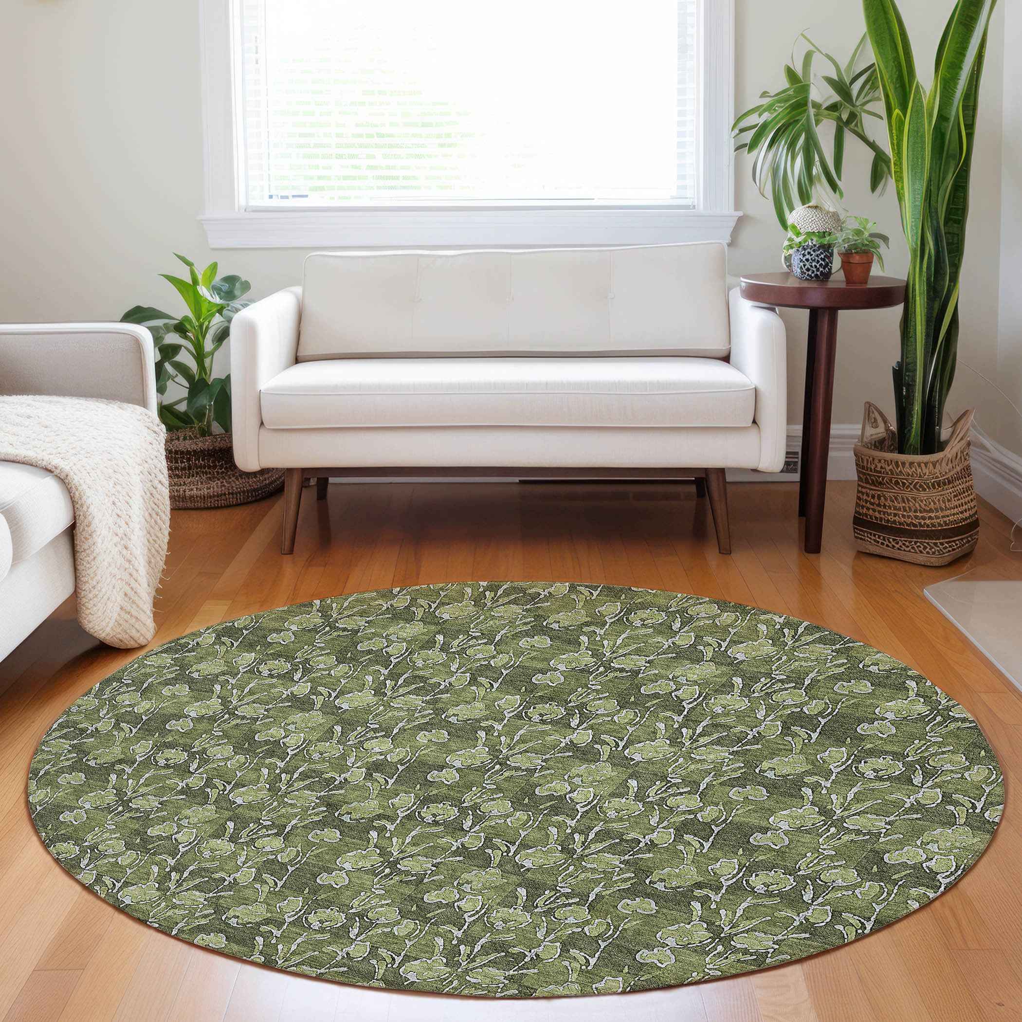 8' Olive Green Artichoke Green And Ivory Round Floral Washable Indoor Outdoor Area Rug
