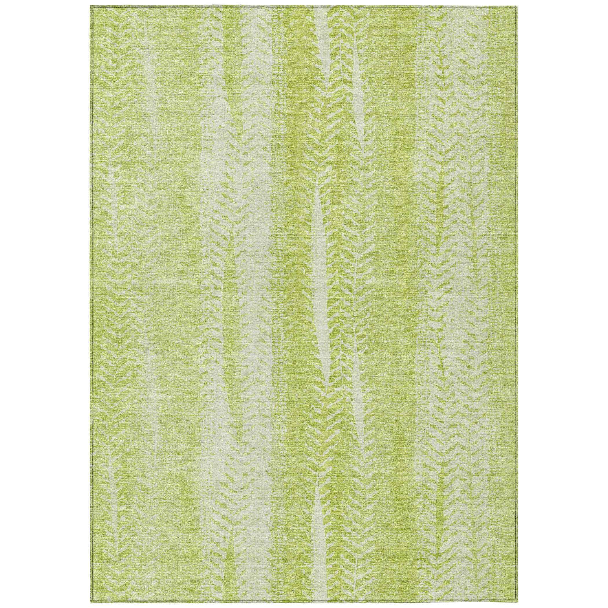 3' X 5' Artichoke Green And Ivory Botanical Leaves Washable Indoor Outdoor Area Rug