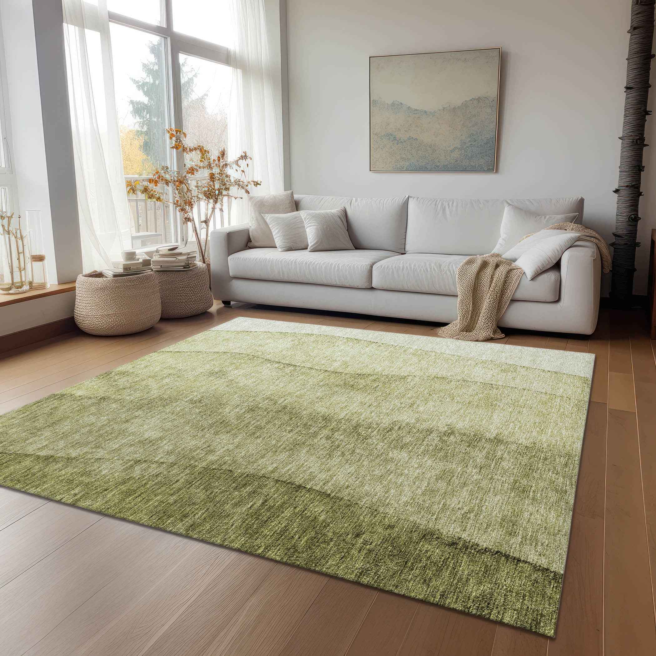 8' X 10' Olive Green And Artichoke Green Ombre Washable Indoor Outdoor Area Rug