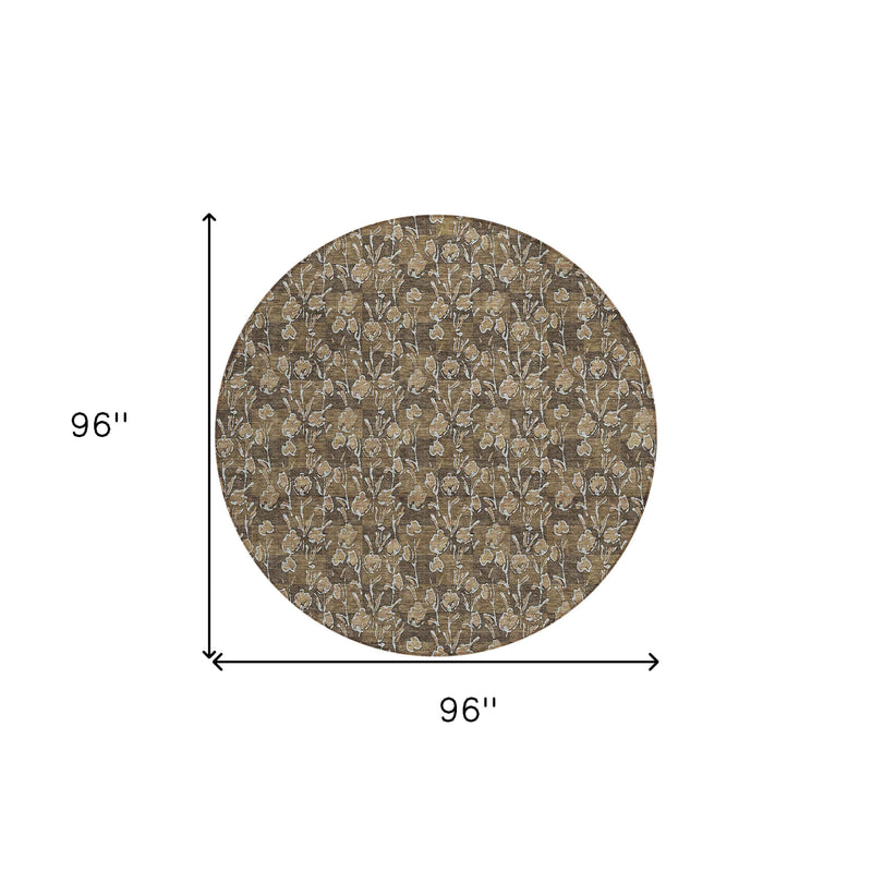 8' Brown And Ivory Round Floral Washable Indoor Outdoor Area Rug