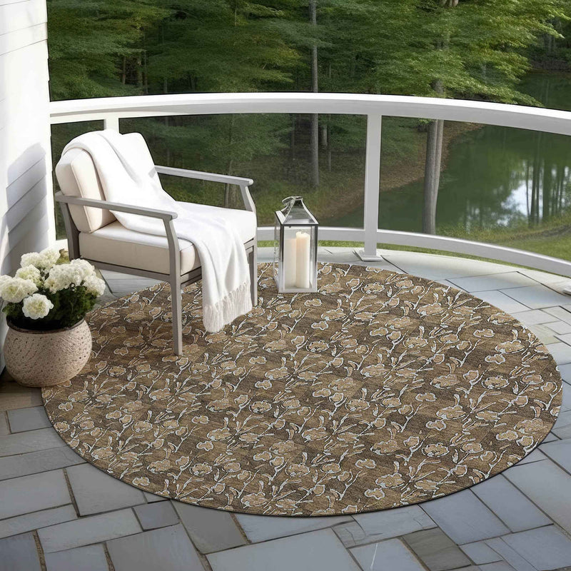 8' Brown And Ivory Round Floral Washable Indoor Outdoor Area Rug