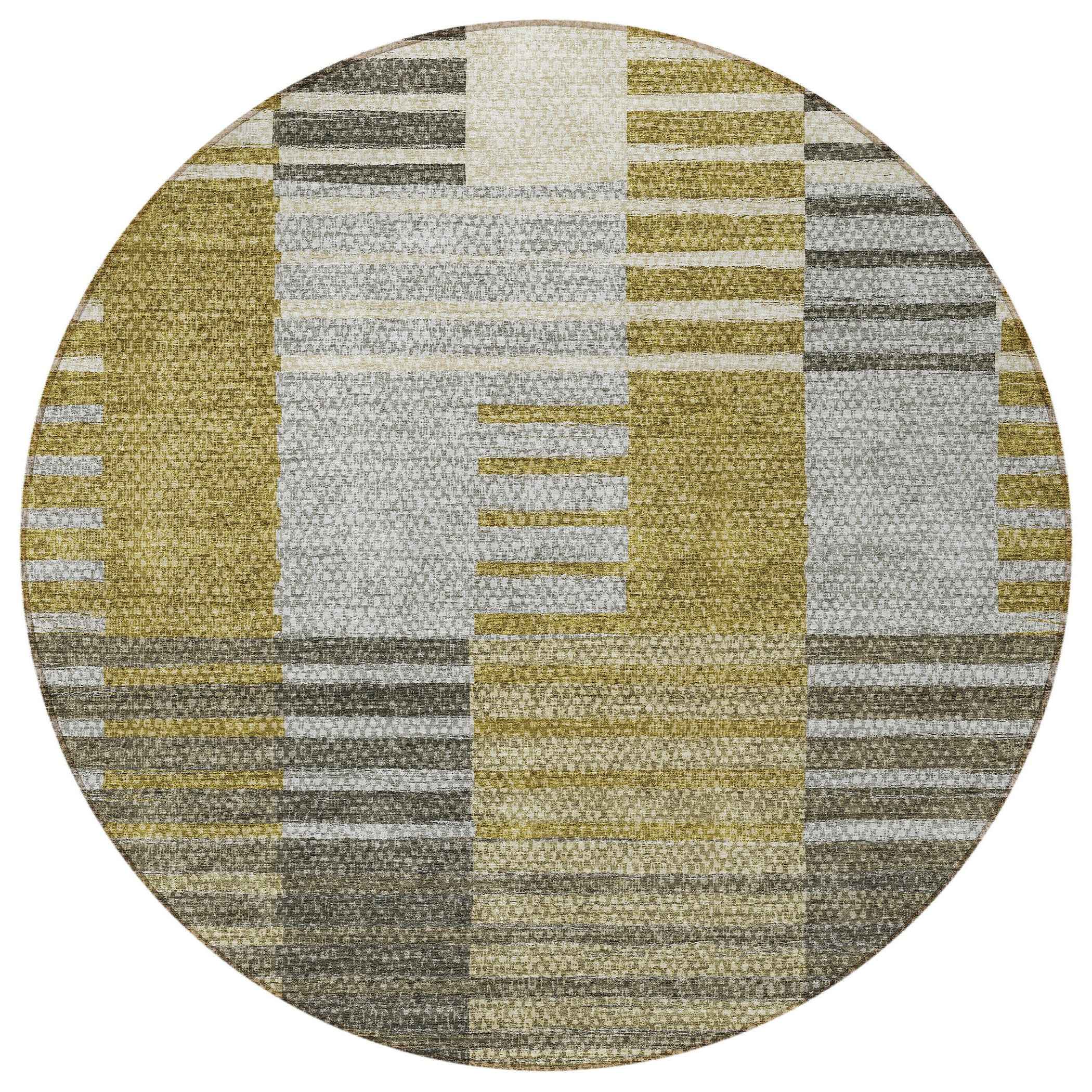 8' Brown Gold And Taupe Round Striped Washable Indoor Outdoor Area Rug