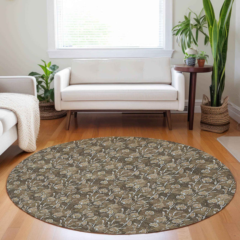 8' Brown And Ivory Round Floral Washable Indoor Outdoor Area Rug