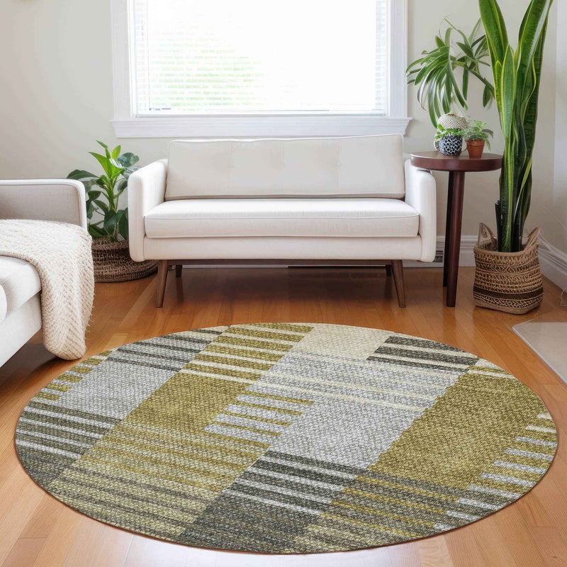 8' Brown Gold And Taupe Round Striped Washable Indoor Outdoor Area Rug