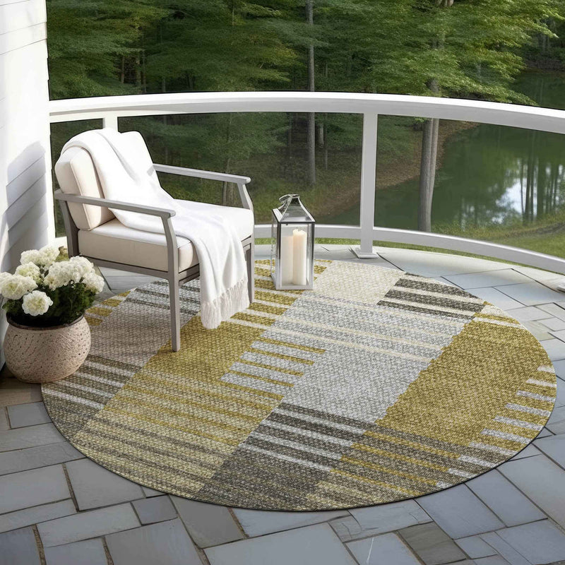 8' Brown Gold And Taupe Round Striped Washable Indoor Outdoor Area Rug