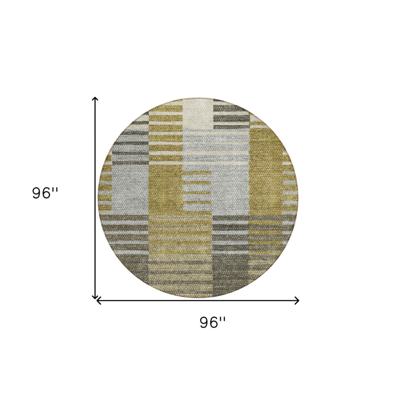 8' Brown Gold And Taupe Round Striped Washable Indoor Outdoor Area Rug