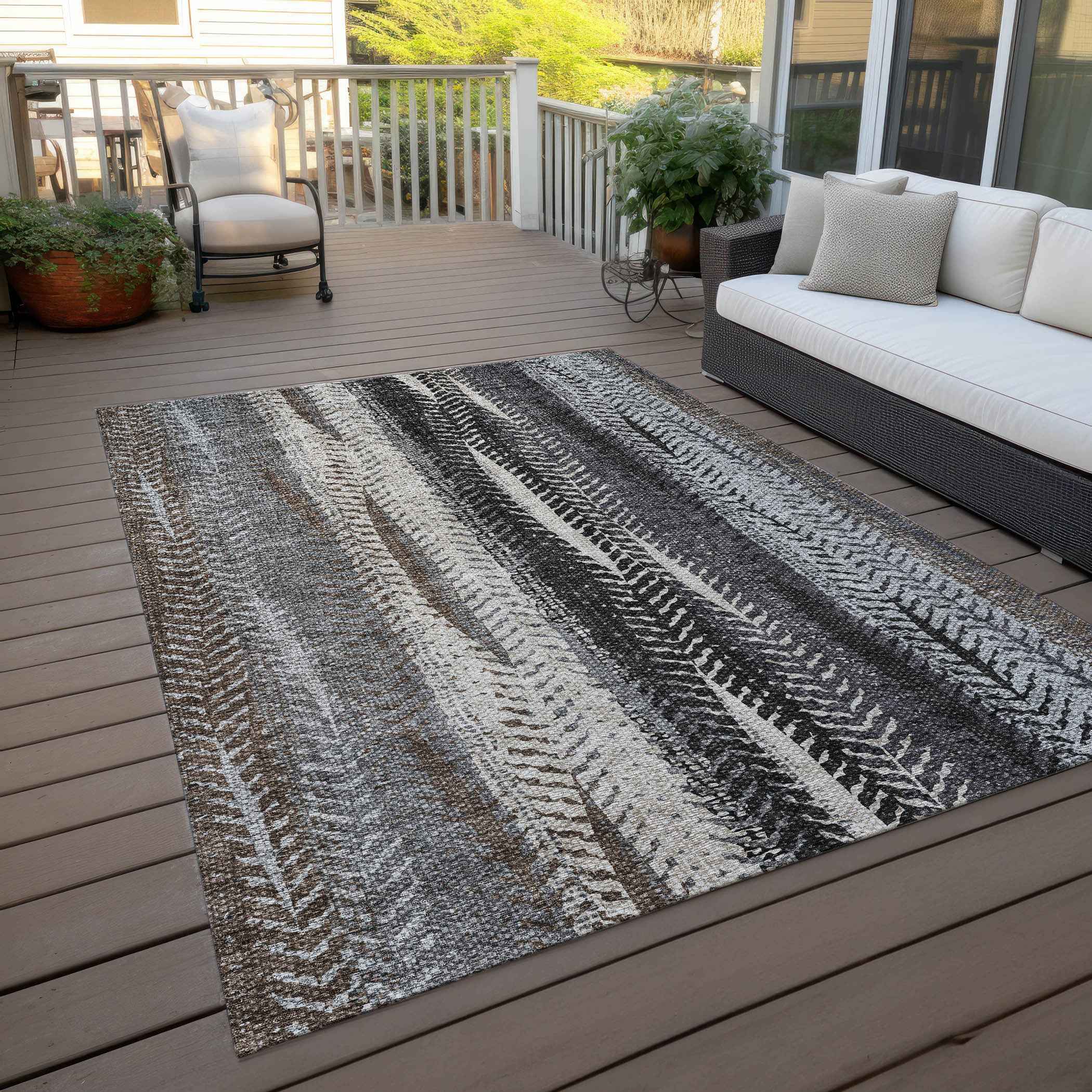 8' X 10' Brown Gray And Ivory Botanical Leaves Washable Indoor Outdoor Area Rug