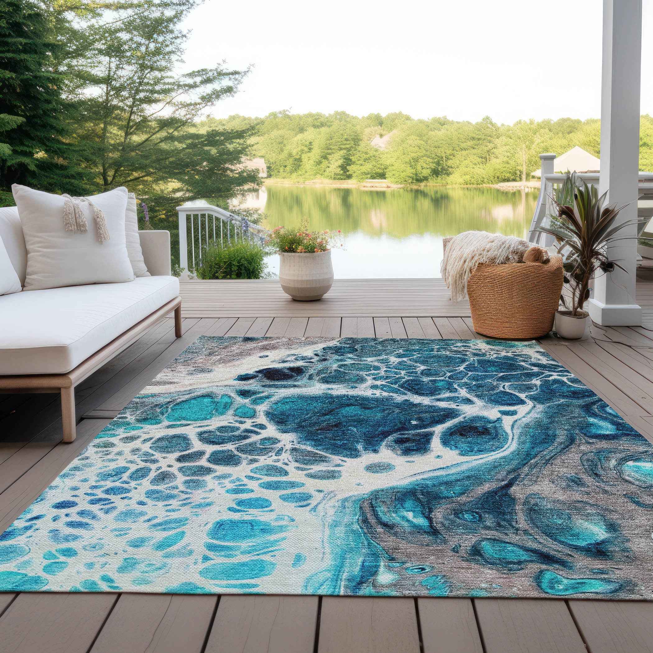 10' X 14' Teal Blue And Navy Blue Nautical Washable Indoor Outdoor Area Rug