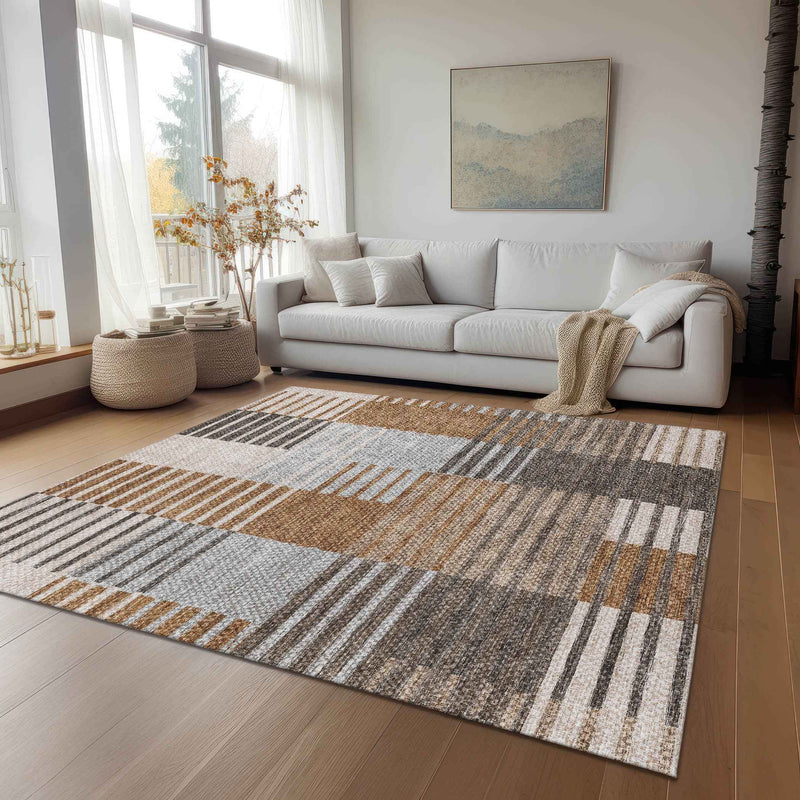 5' X 8' Chocolate And Gray Striped Washable Indoor Outdoor Area Rug