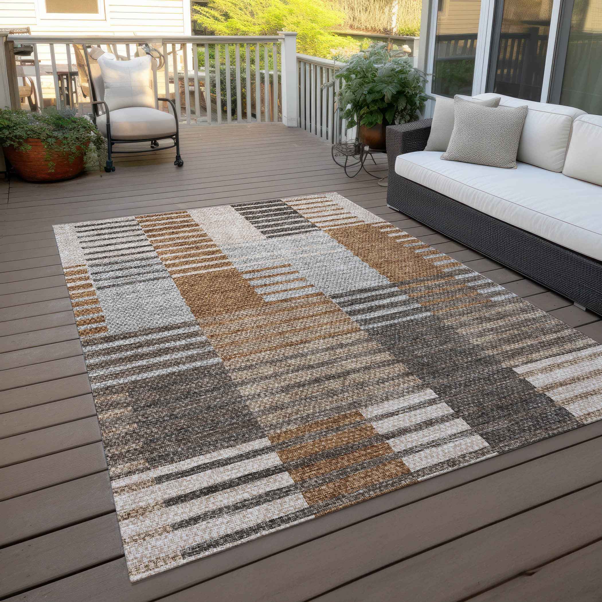5' X 8' Chocolate And Gray Striped Washable Indoor Outdoor Area Rug