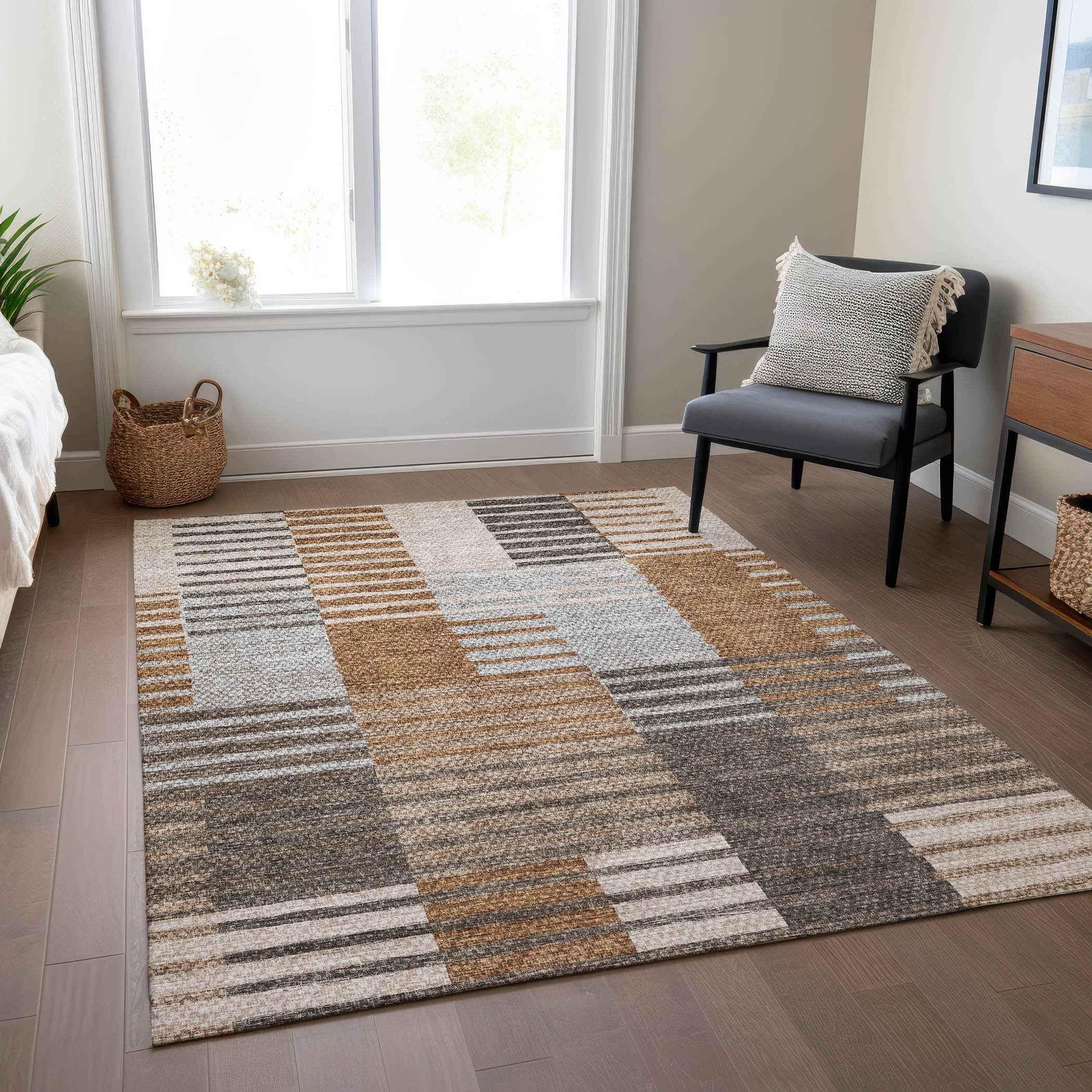 5' X 8' Chocolate And Gray Striped Washable Indoor Outdoor Area Rug