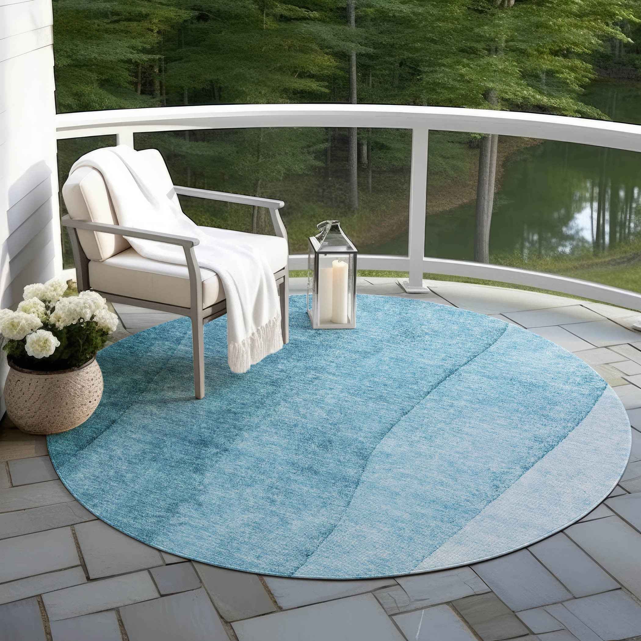 8' Teal Blue Aqua And Blue Round Ombre Washable Indoor Outdoor Area Rug