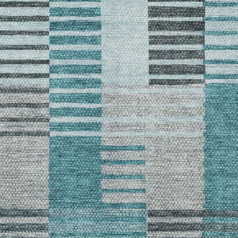 9' X 12' Teal Blue Aqua And Gray Striped Washable Indoor Outdoor Area Rug