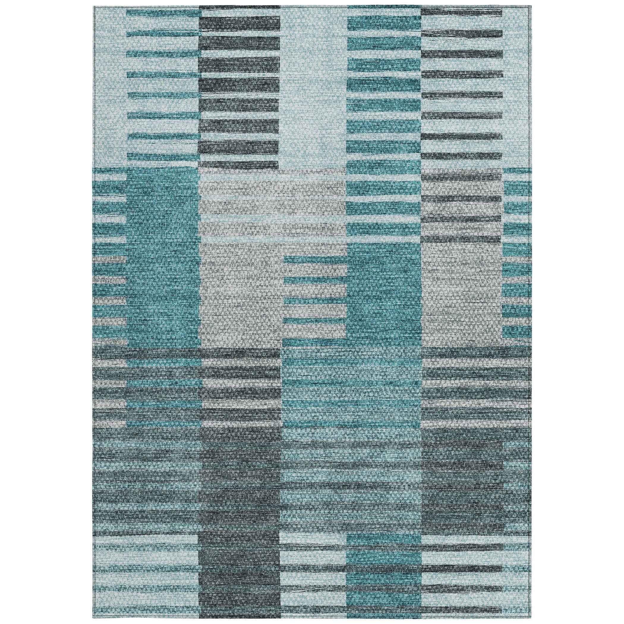 9' X 12' Teal Blue Aqua And Gray Striped Washable Indoor Outdoor Area Rug