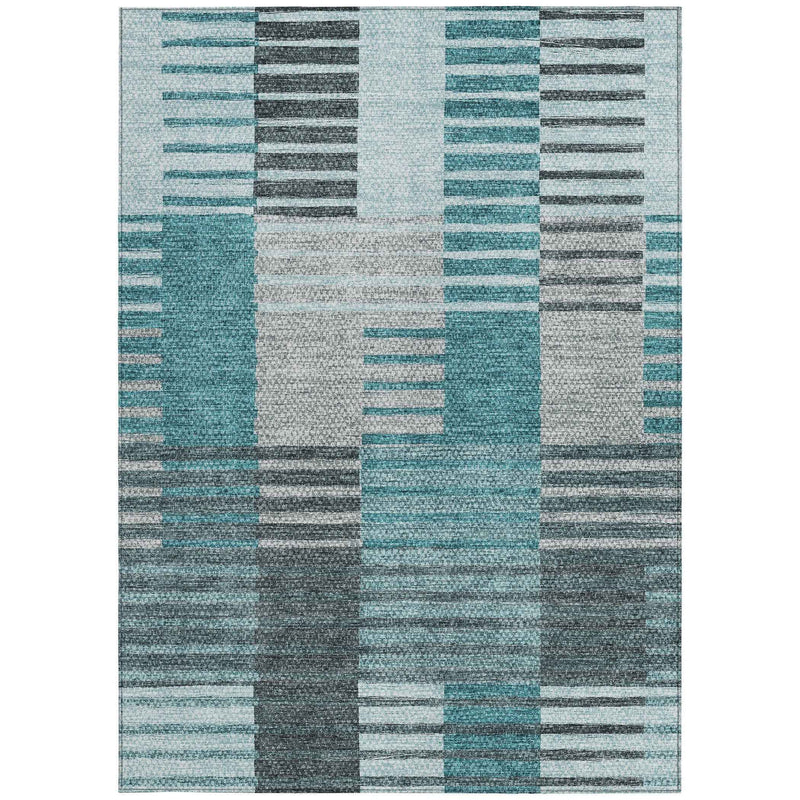 9' X 12' Teal Blue Aqua And Gray Striped Washable Indoor Outdoor Area Rug