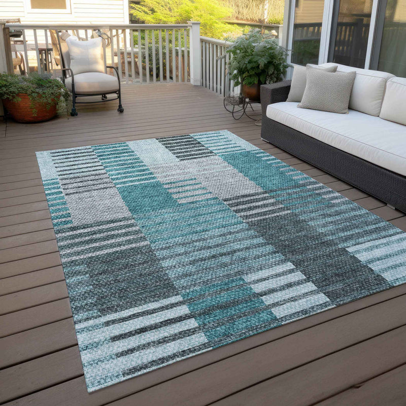 9' X 12' Teal Blue Aqua And Gray Striped Washable Indoor Outdoor Area Rug