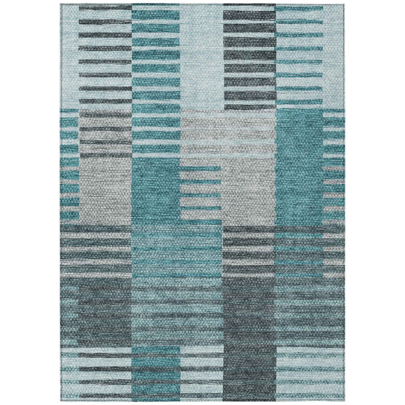 9' X 12' Teal Blue Aqua And Gray Striped Washable Indoor Outdoor Area Rug