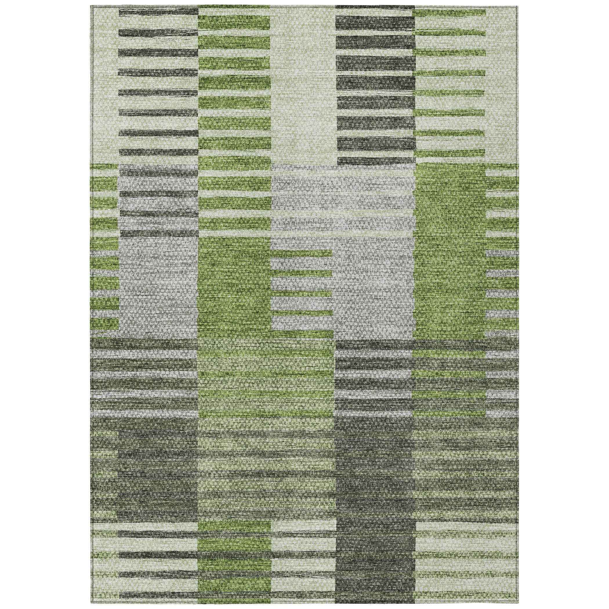 9' X 12' Green And Olive Green Striped Washable Indoor Outdoor Area Rug