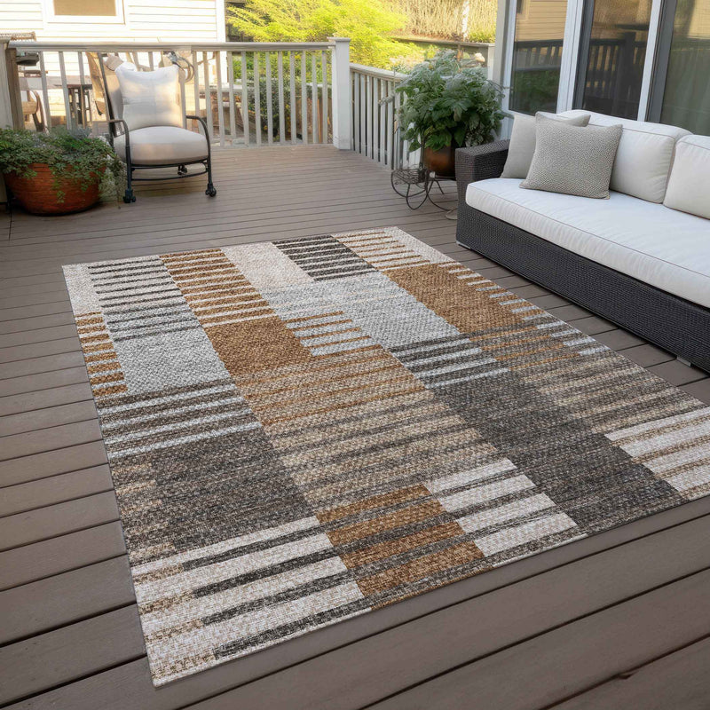 10' X 14' Chocolate And Gray Striped Washable Indoor Outdoor Area Rug